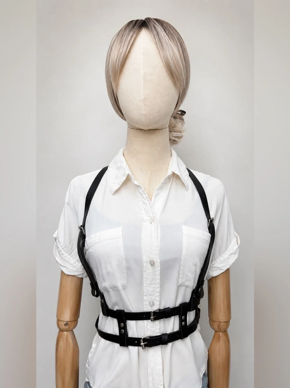 Black FauxLeather Harness Belt Body Chain Y2K Punk Adjustable Strappy Waist Belt